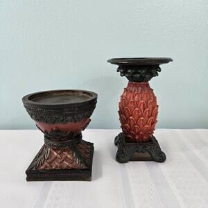 Tropical Bohemian Carved Resin Pineapple Pedestal Pillar Candle Holders-Set of 2